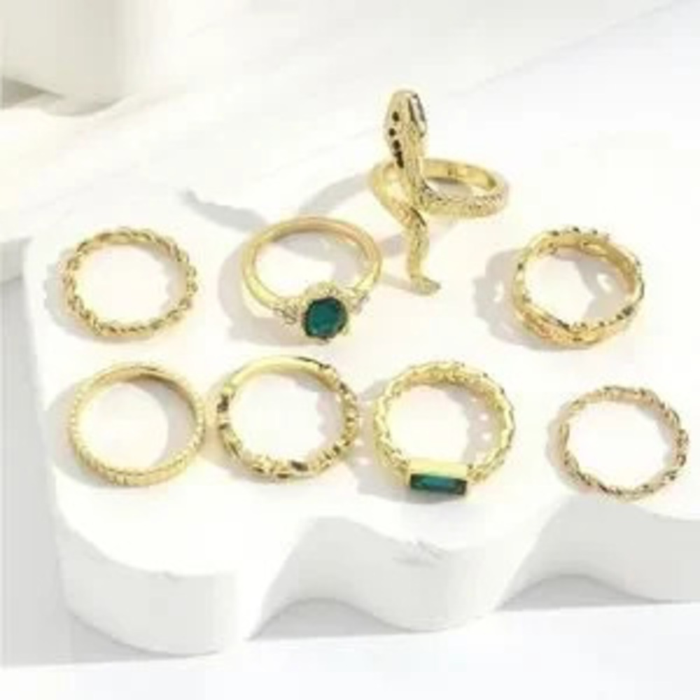 Gold 8pc Snake Crystal Midi Ring Set